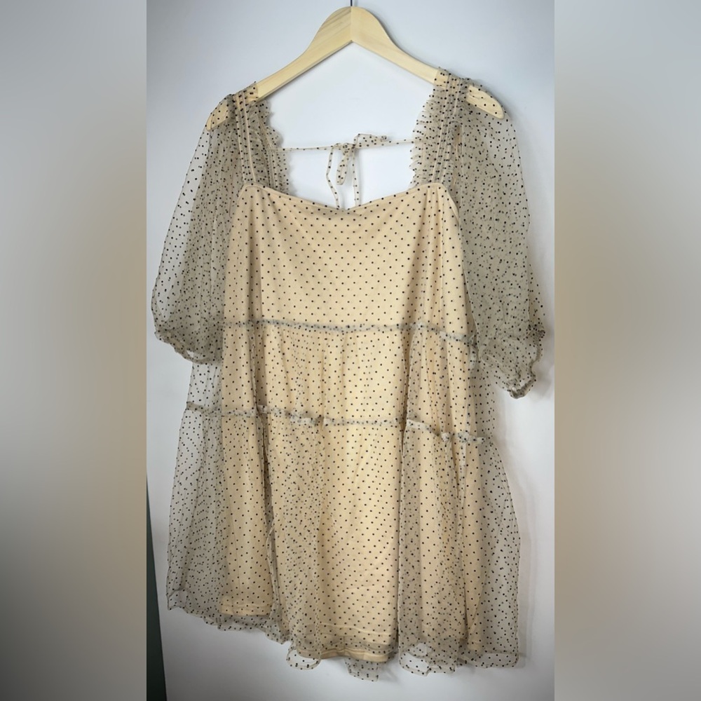 Arula Anthropologie Beige Cream Black Polka Dot Tulle Fully Lined Dress Sz A/ 1X